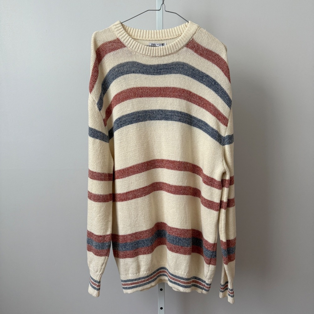 Zara sz L‎ Mens Striped Knit Sweater Cream Blue Red Tennis Prep Minimalst NWT